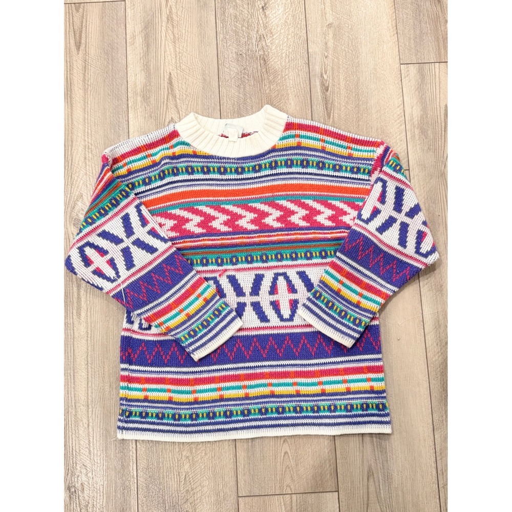 Surf Fun Vintage 80s Geometric Montage Colorful Knit Sweater Large Made in USA